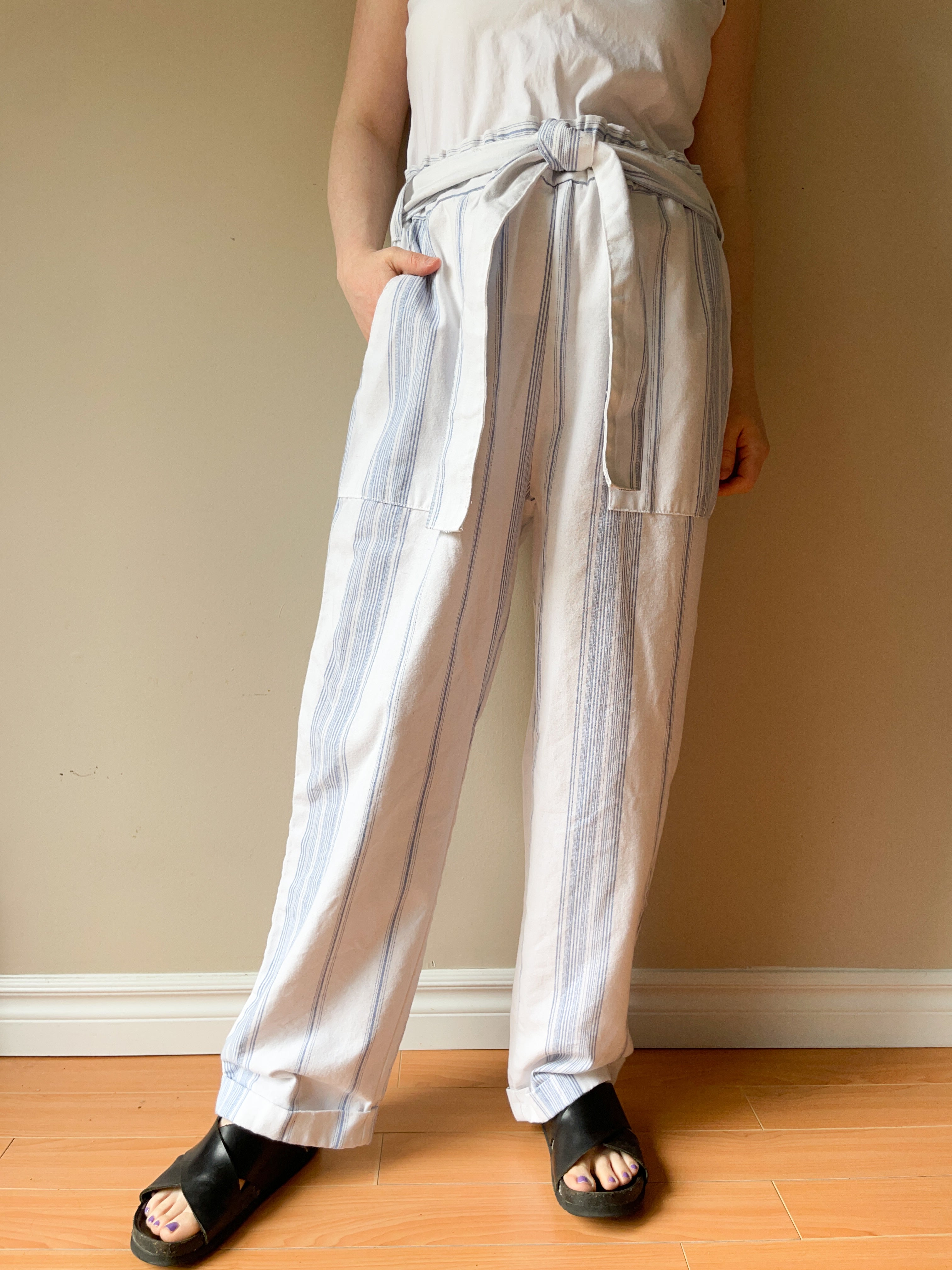 Blue striped wide leg pants best sale