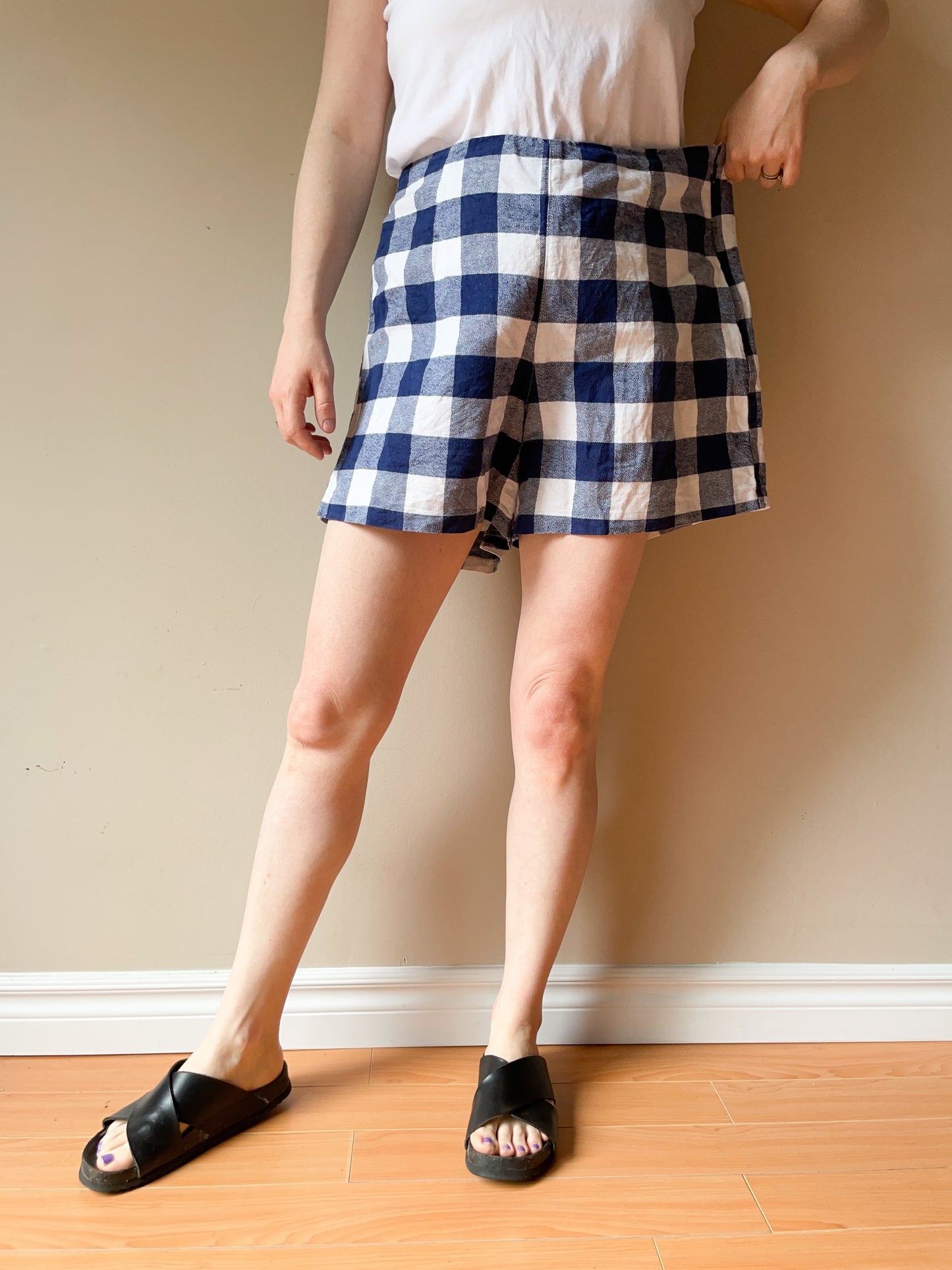 Blue Gingham Checker Linen Cotton High Rise Shorts - Size 12R