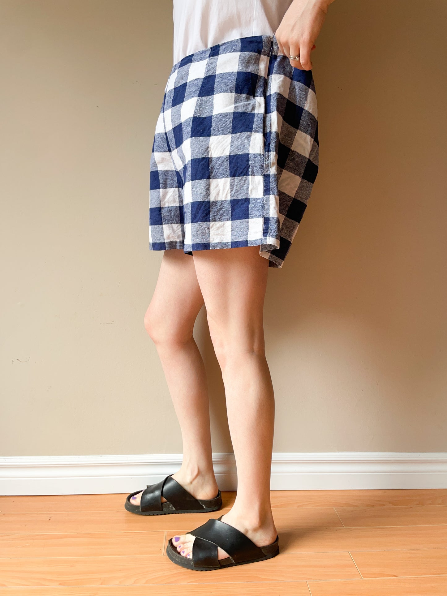 Blue Gingham Checker Linen Cotton High Rise Shorts - Size 12R