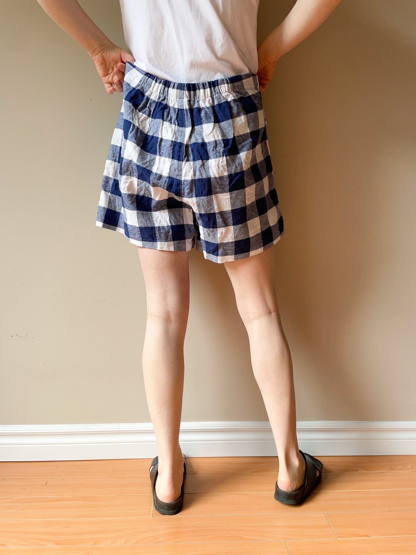 Blue Gingham Checker Linen Cotton High Rise Shorts - Size 12R