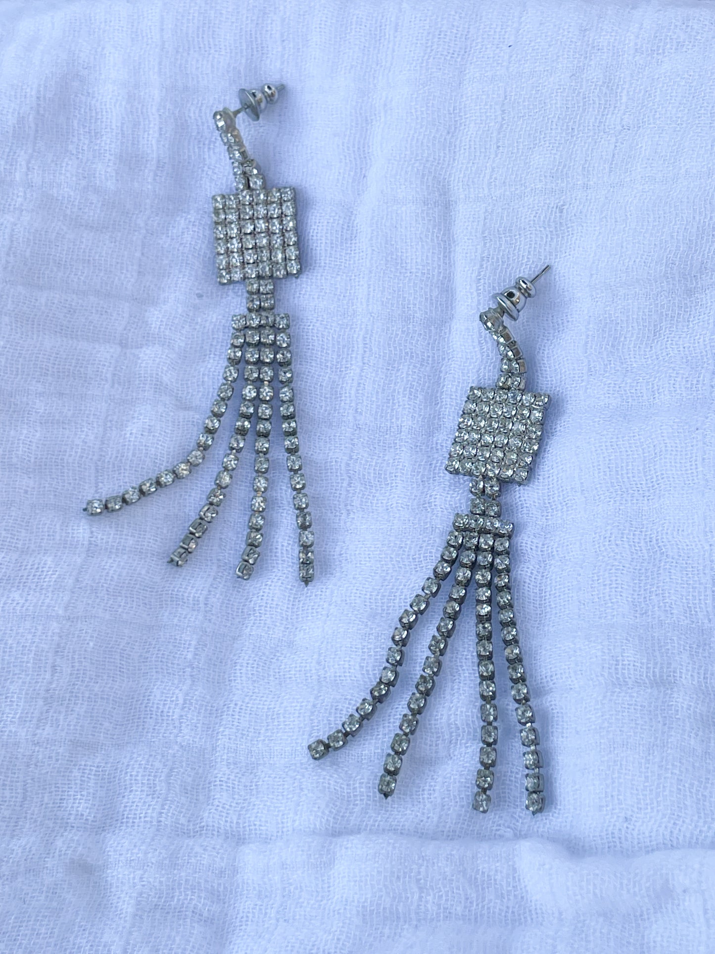 Silver Pave Crystal Dangle Fringe Earrings