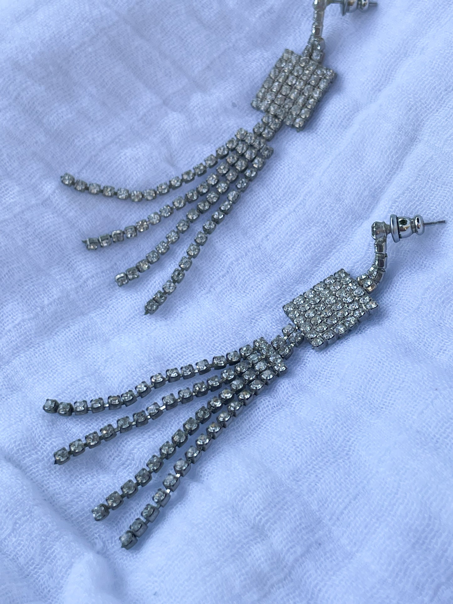 Silver Pave Crystal Dangle Fringe Earrings