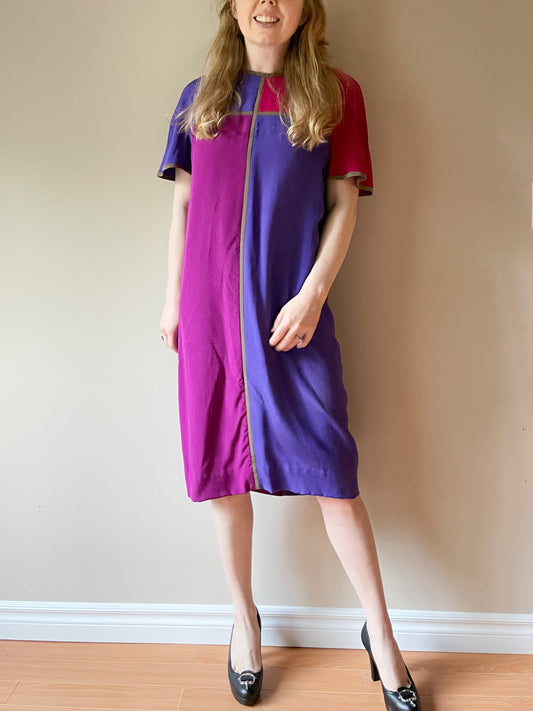 Vintage Nipon Boutique Colourblock Purple Magenta 100% Silk Shift Dress - Size 10