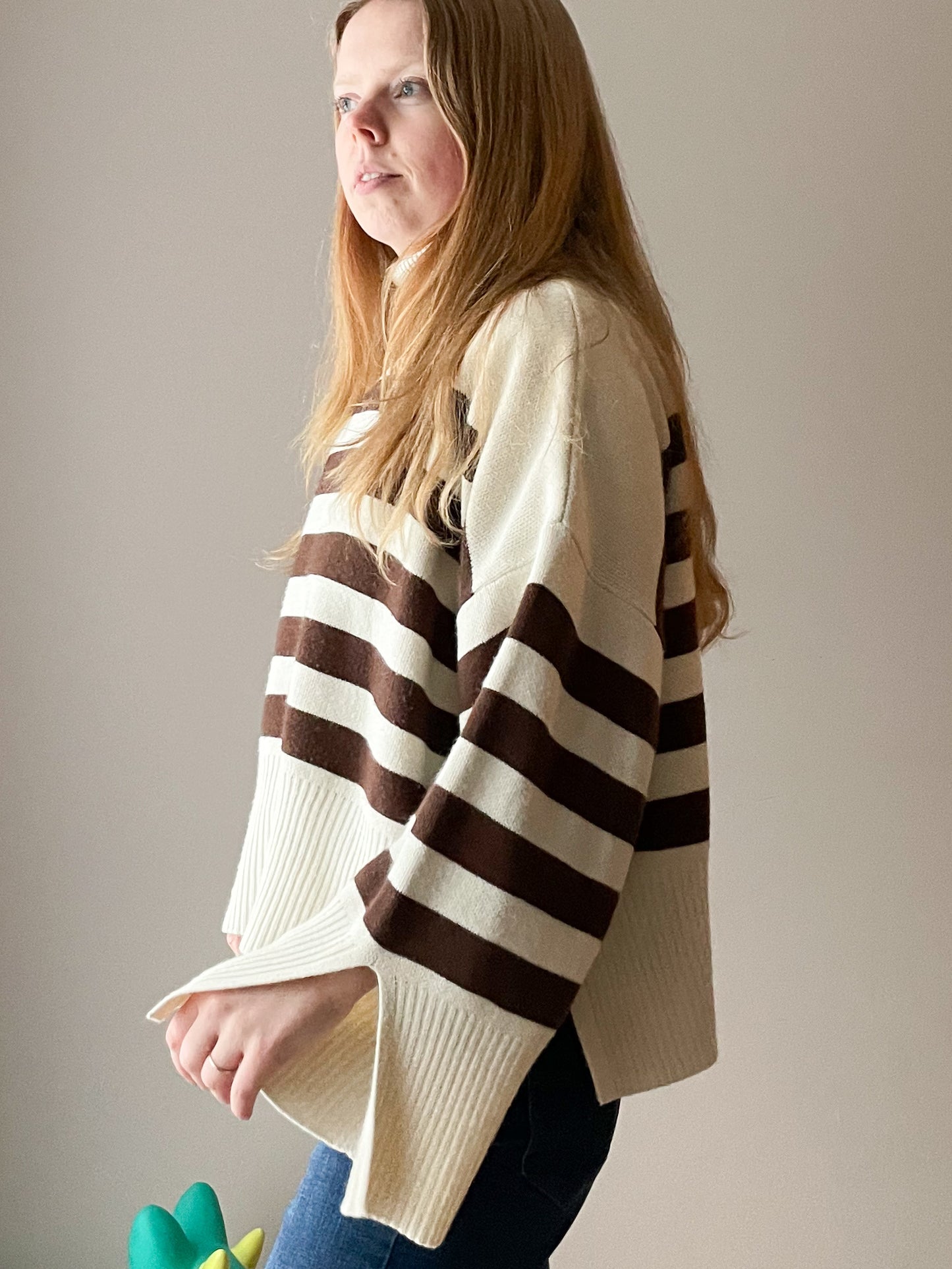 Brown Cream Stripe Relaxed Wool Blend Turtleneck Slit Sweater - XL