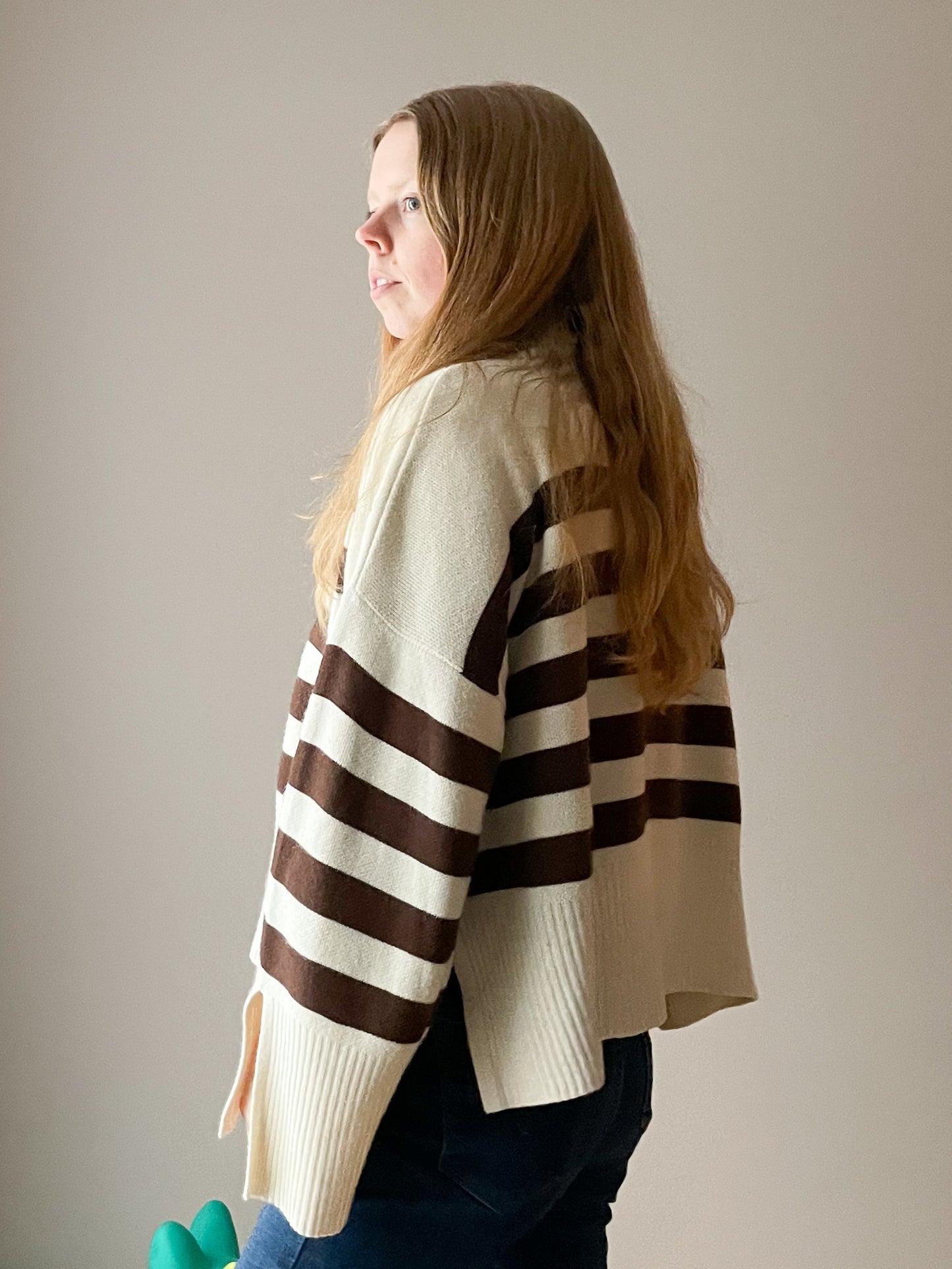 Brown Cream Stripe Relaxed Wool Blend Turtleneck Slit Sweater - XL