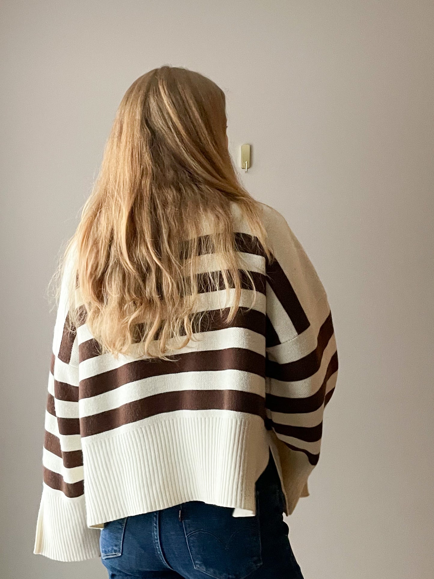 Brown Cream Stripe Relaxed Wool Blend Turtleneck Slit Sweater - XL