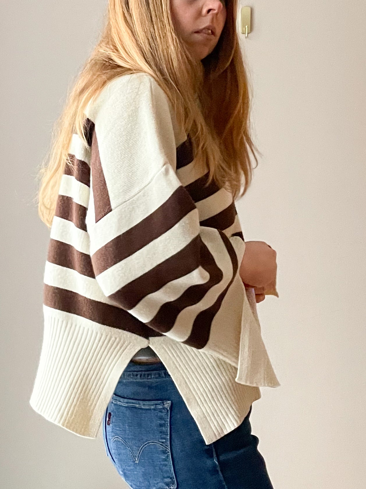 Brown Cream Stripe Relaxed Wool Blend Turtleneck Slit Sweater - XL