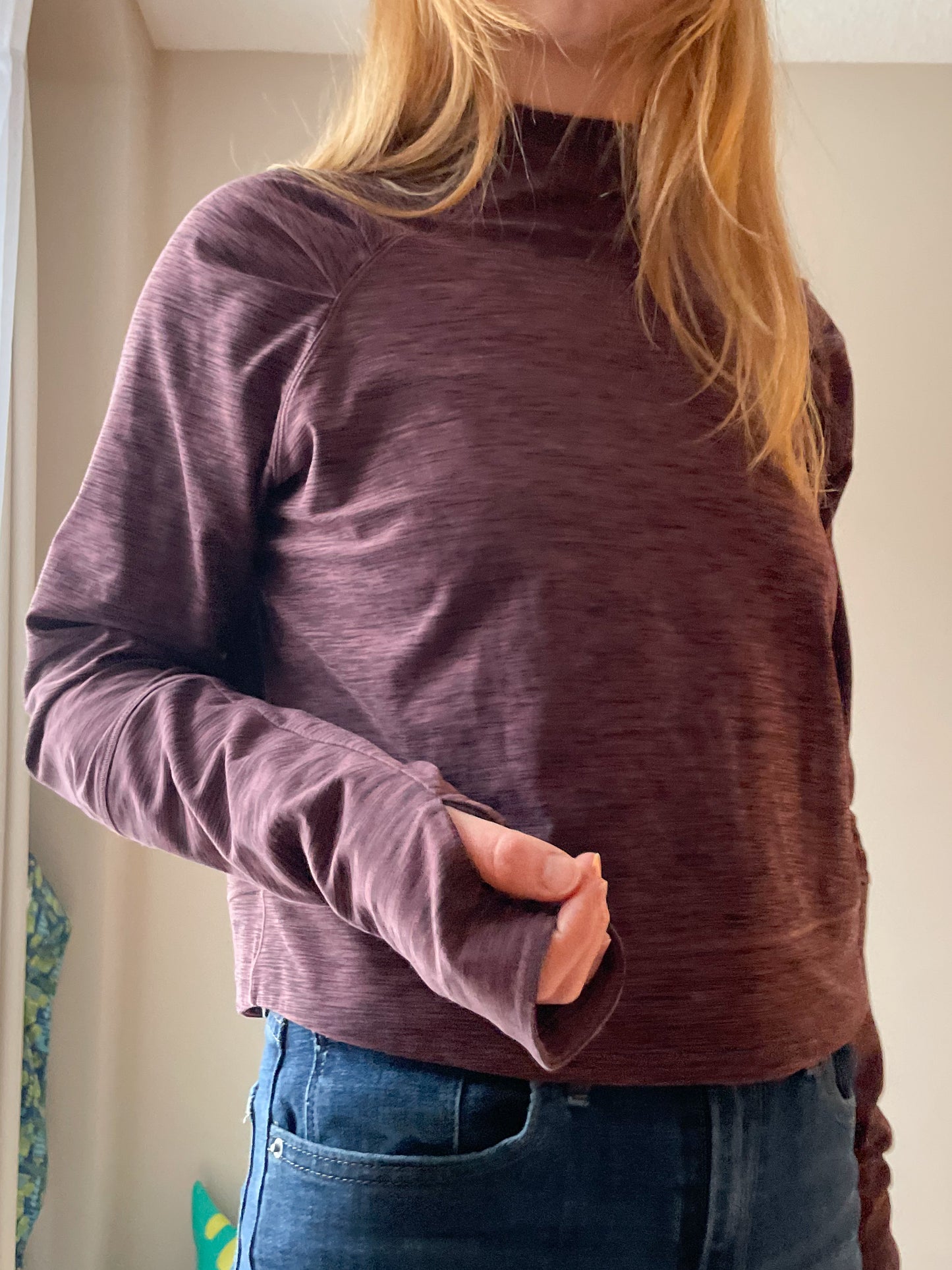 Prana Purple Heathered Funnel Neck Cropped Workout Long Sleeve Top - Large