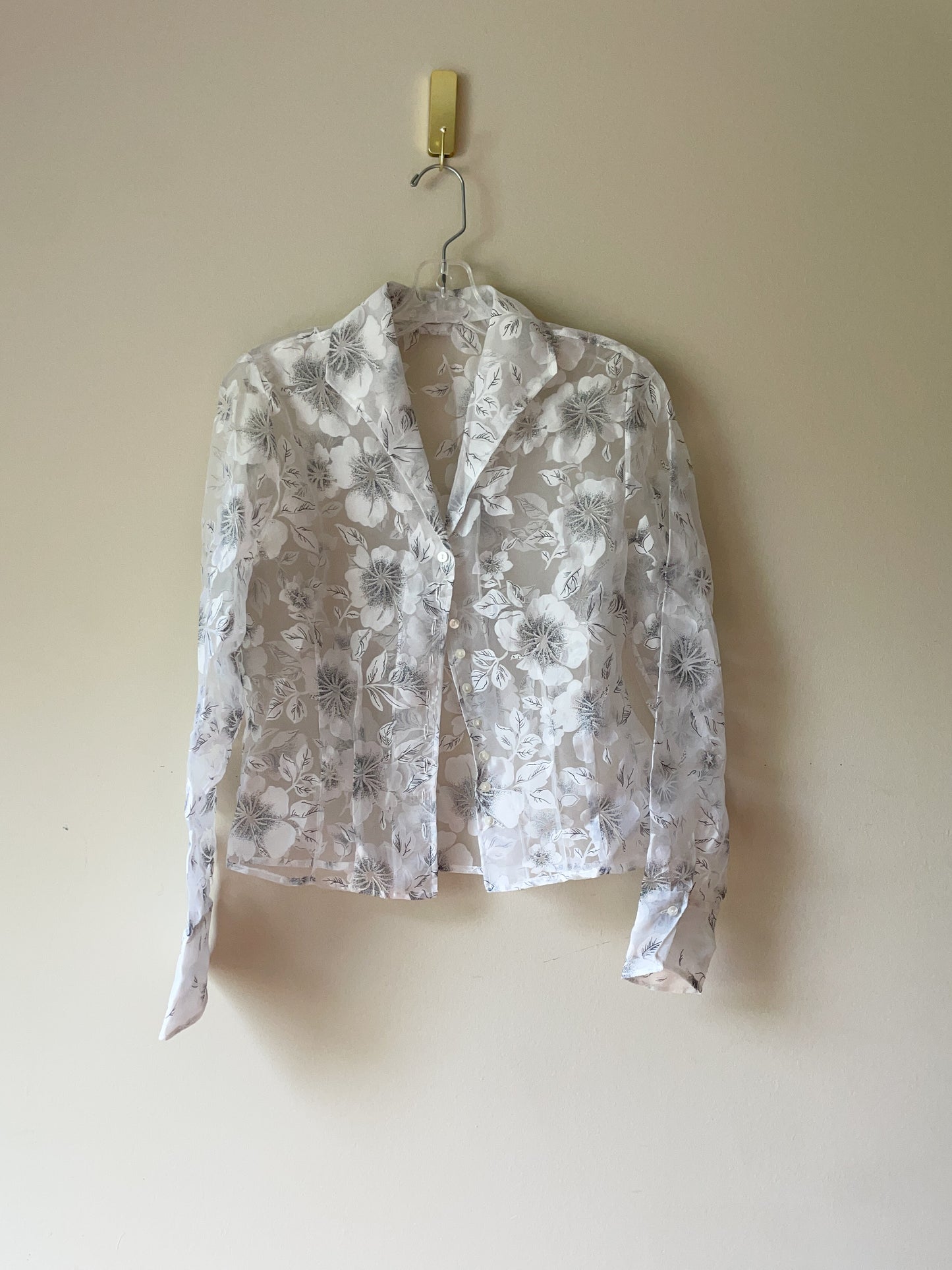 White Sheer Hibiscus Floral Print Button Down Shirt - Medium