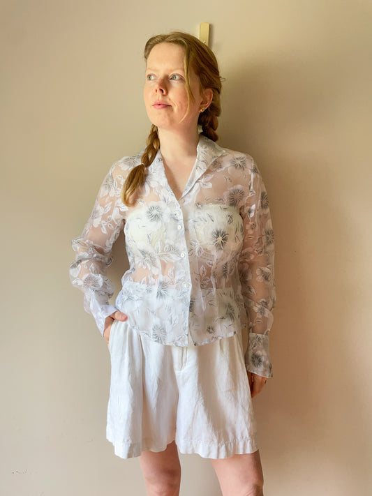 White Sheer Hibiscus Floral Print Button Down Shirt - Medium