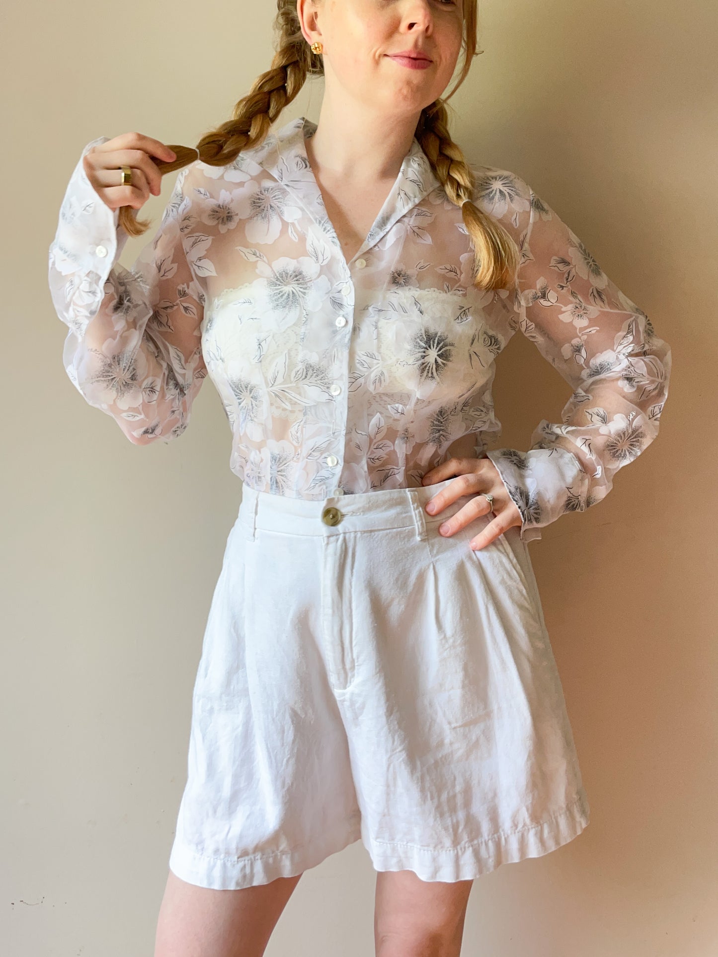 White Sheer Hibiscus Floral Print Button Down Shirt - Medium