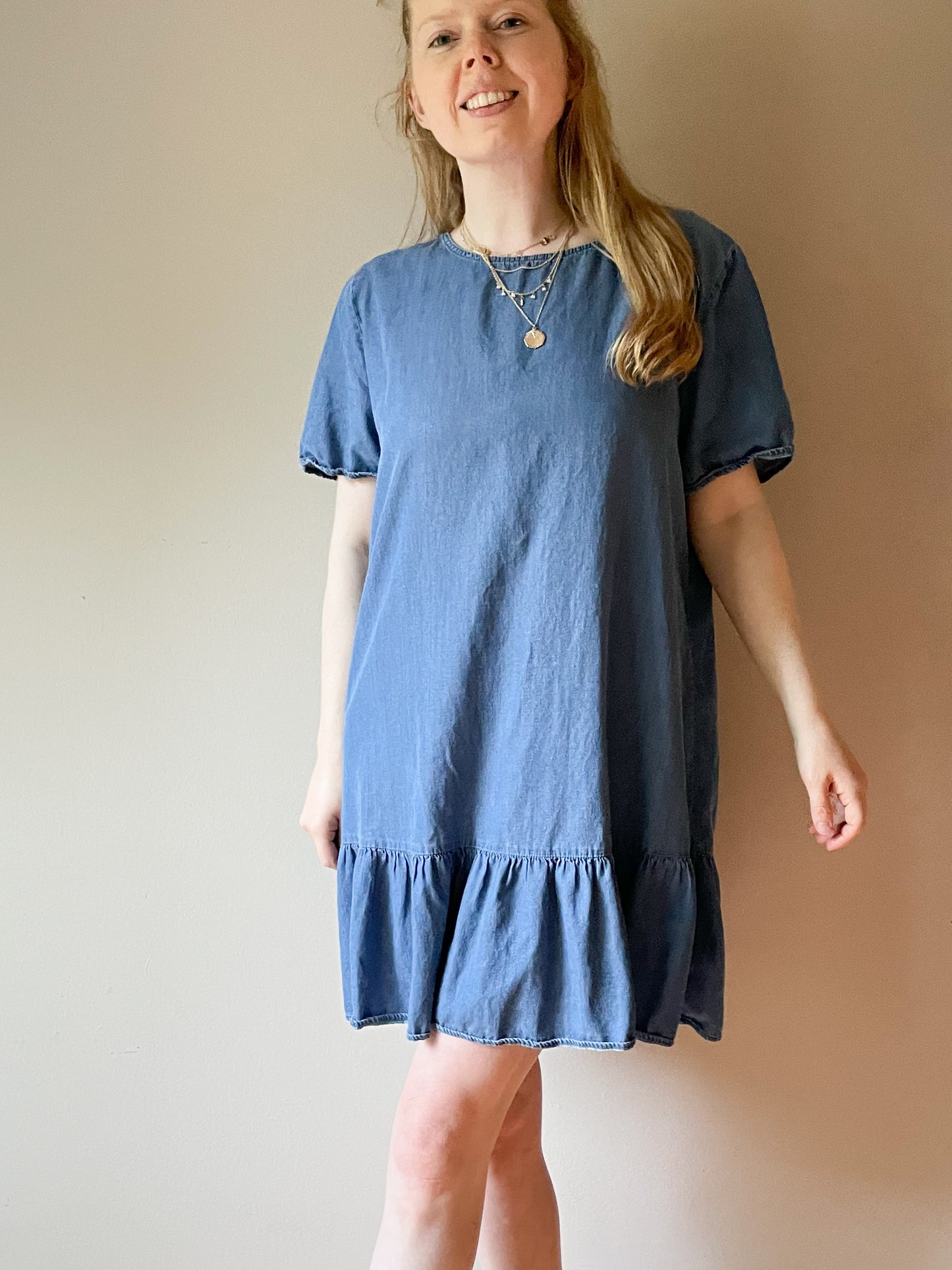 Chambray Blue Lyocell Denim Ruffle Hem Dress - XL