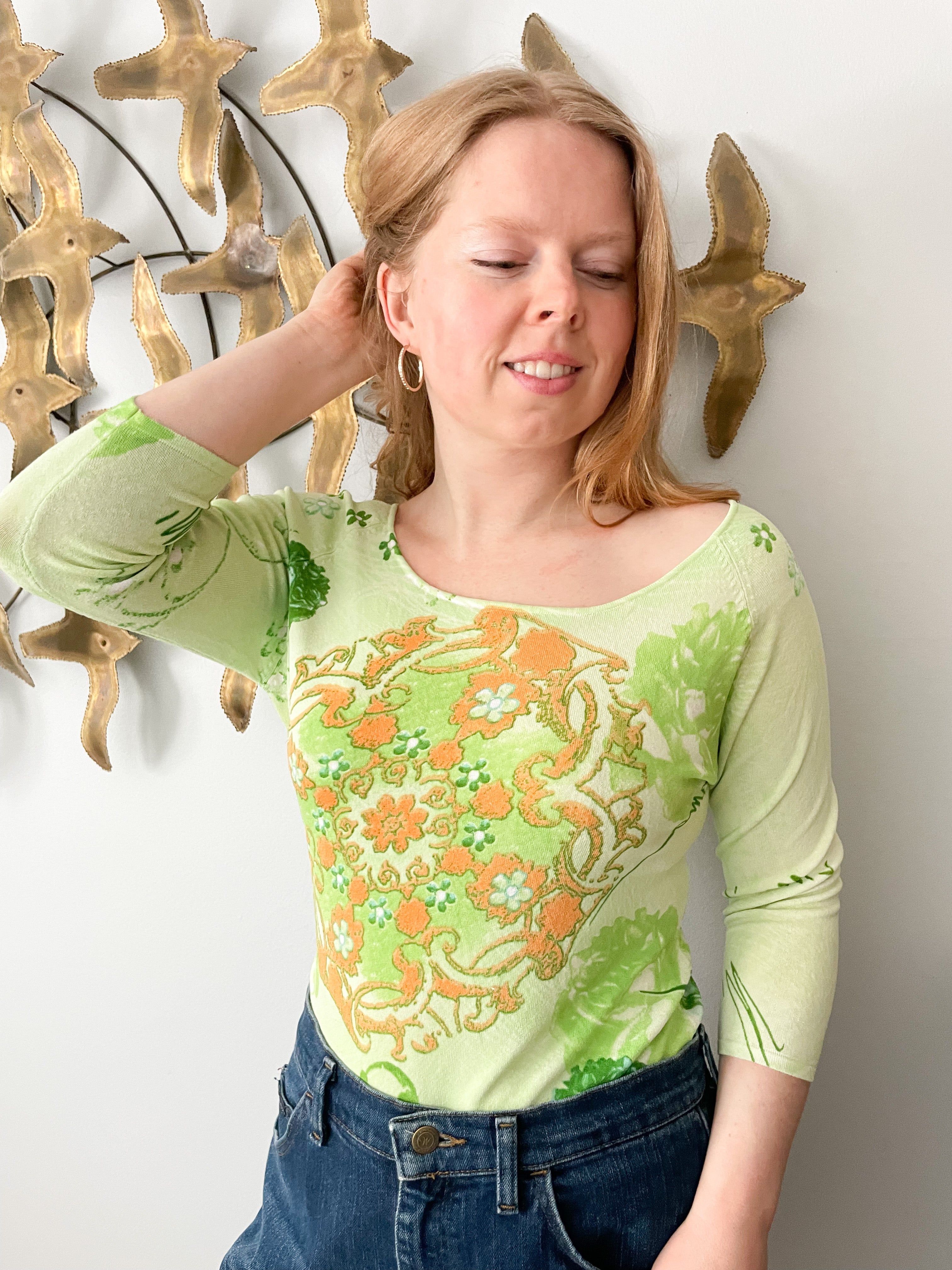 Pastel Green and Orange Floral Stretch Wide Neck 3/4 Top - M/L