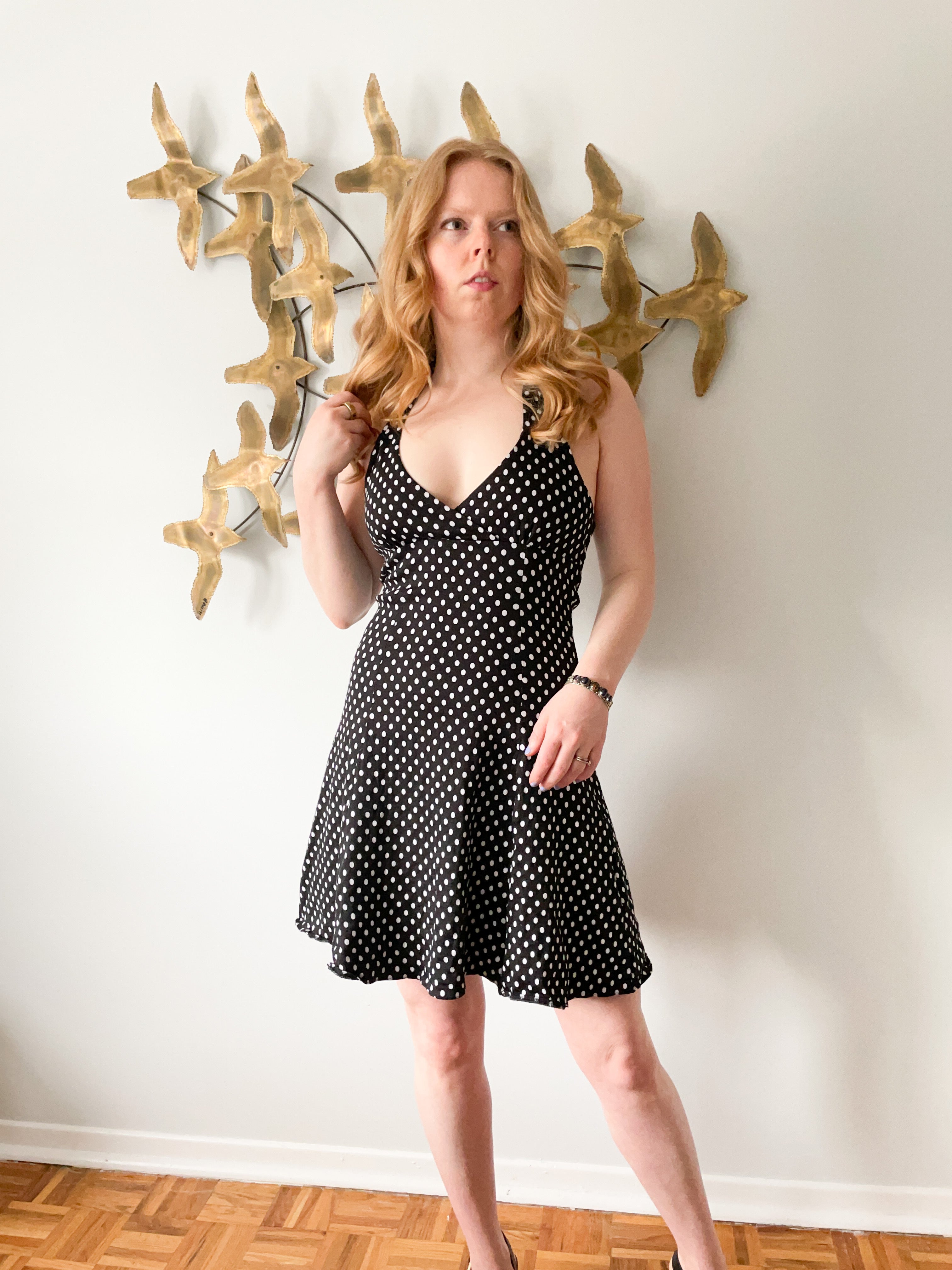 Black and white top polka dot halter dress