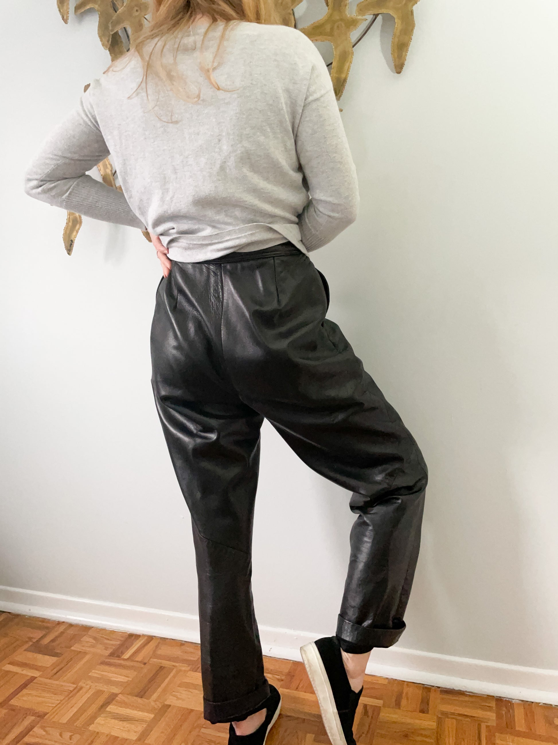 High-rise straight leg leather trousers
