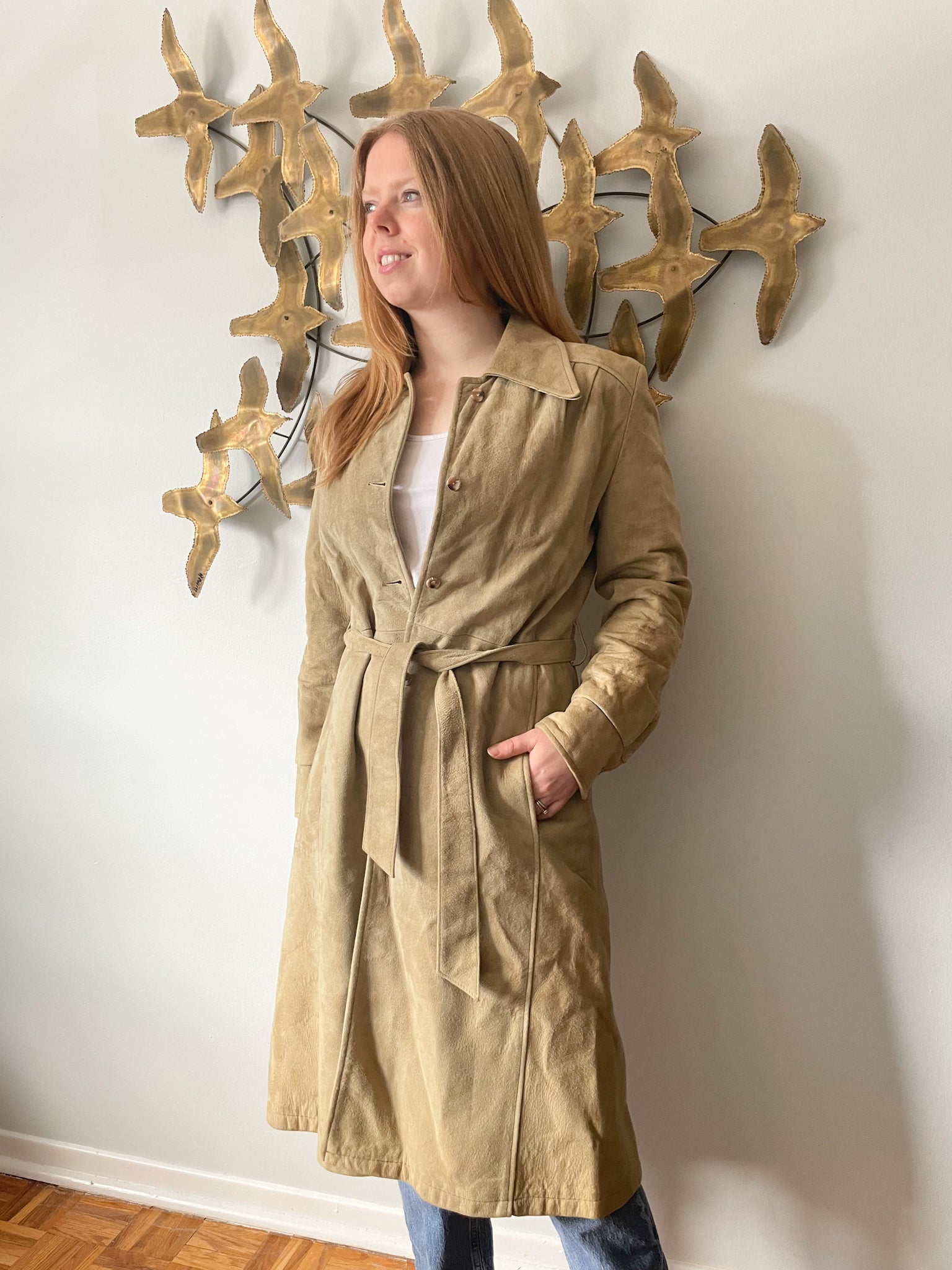 Khaki suede shop trench coat