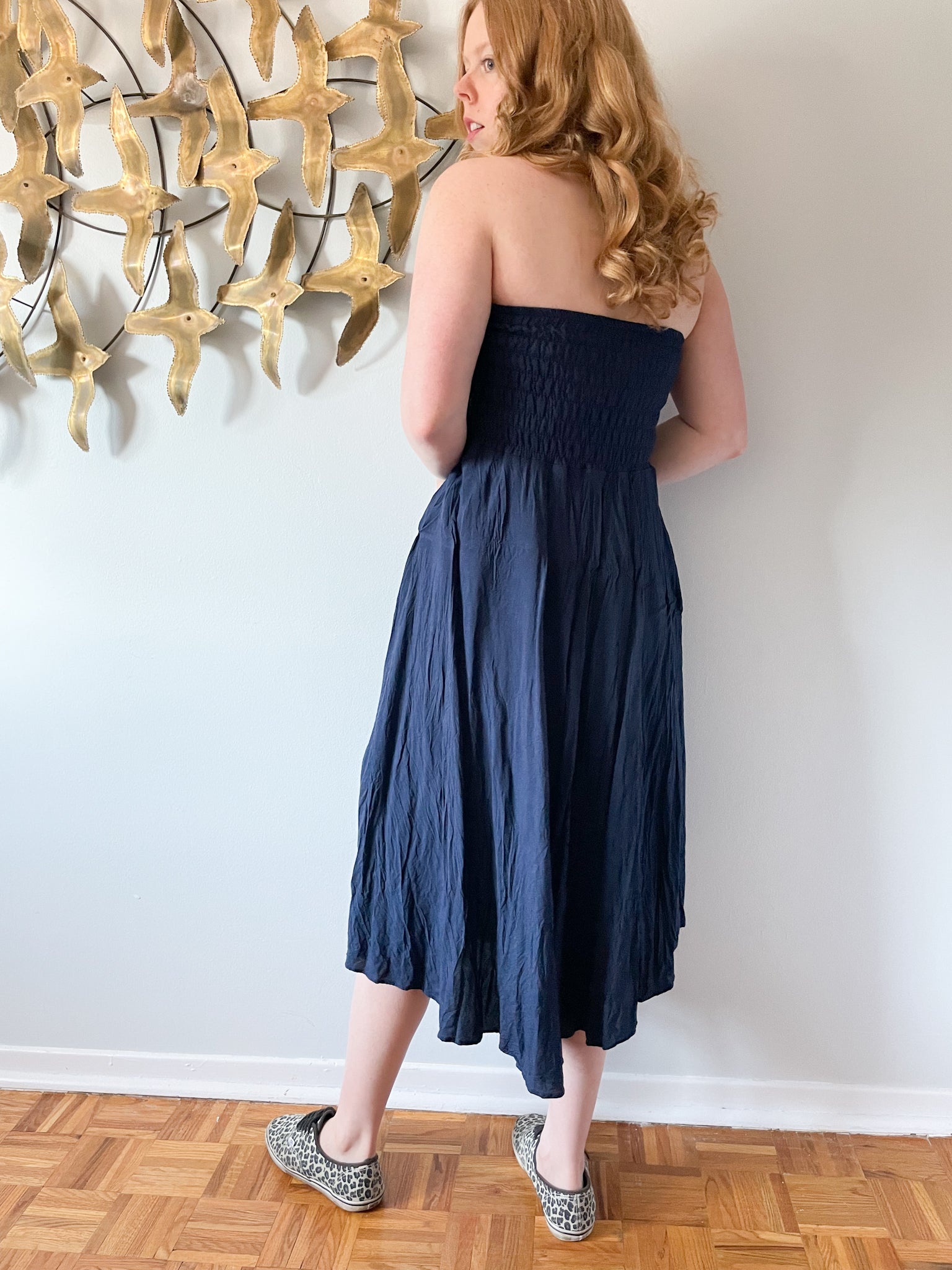 Navy strapless 2025 midi dress