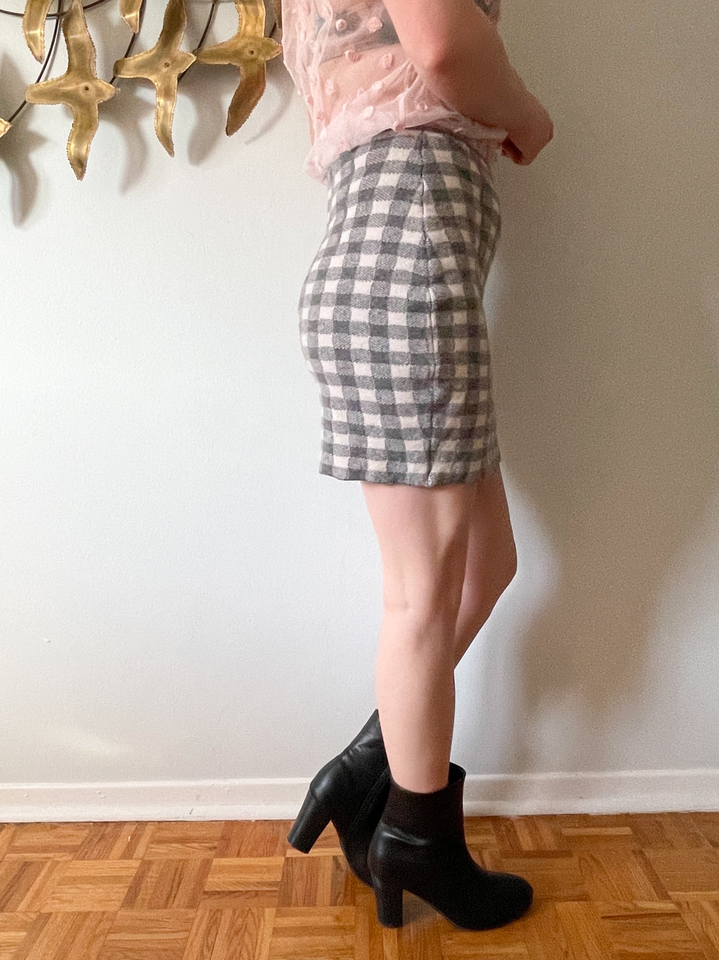 Ca Va De Soi Grey Gingham Checker Superfine Wool Knit Skirt - Small