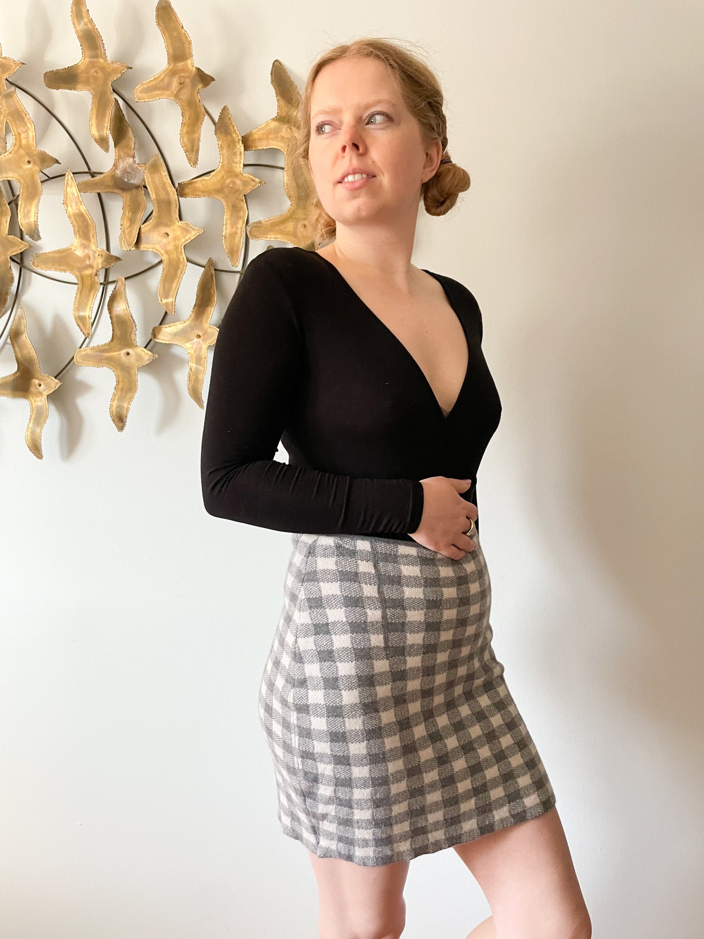 Ca Va De Soi Grey Gingham Checker Superfine Wool Knit Skirt - Small