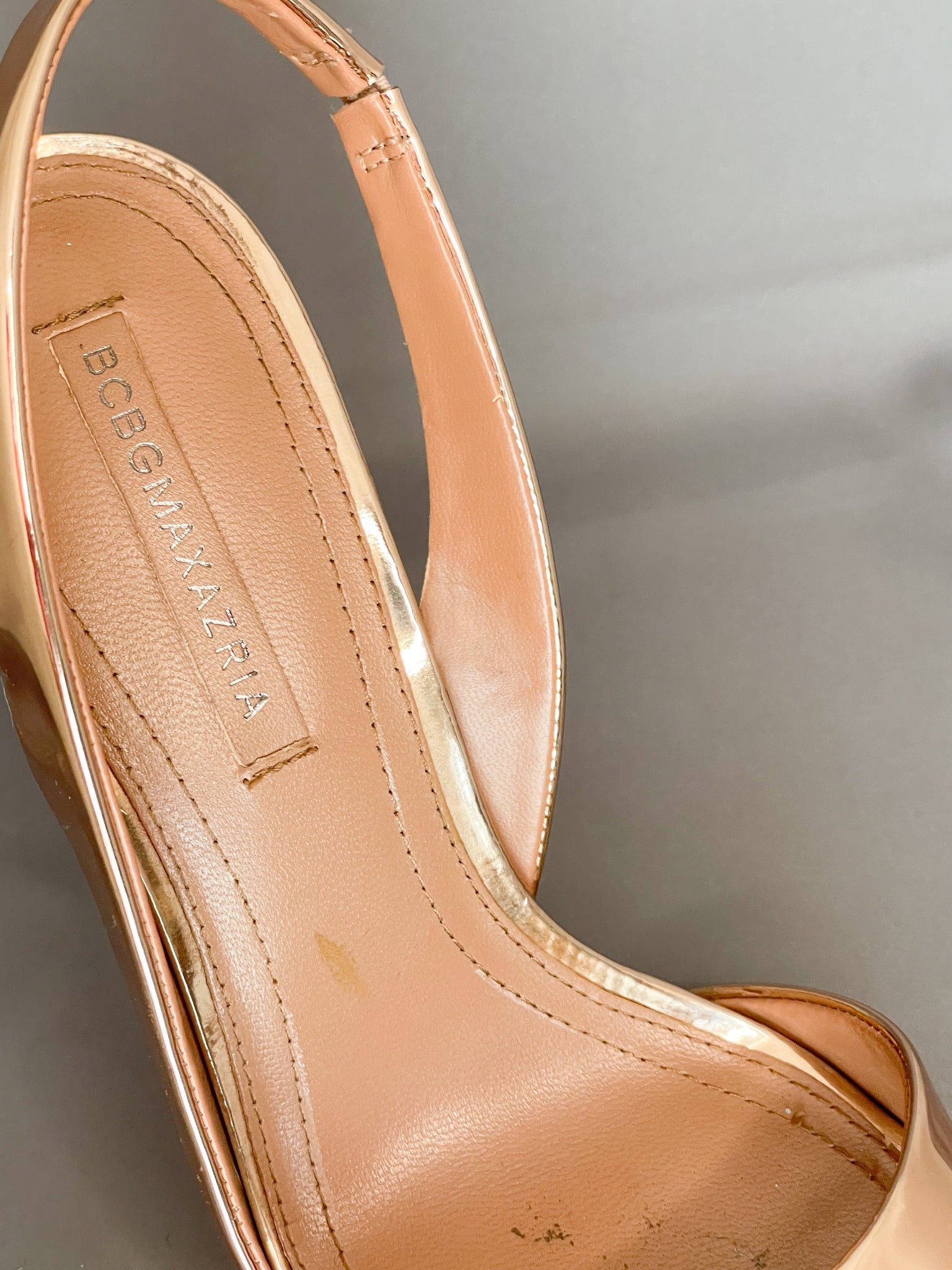 BCBGMaxAzria Rose Gold Stilletto Peep Toe Heels Size 9.5 Le