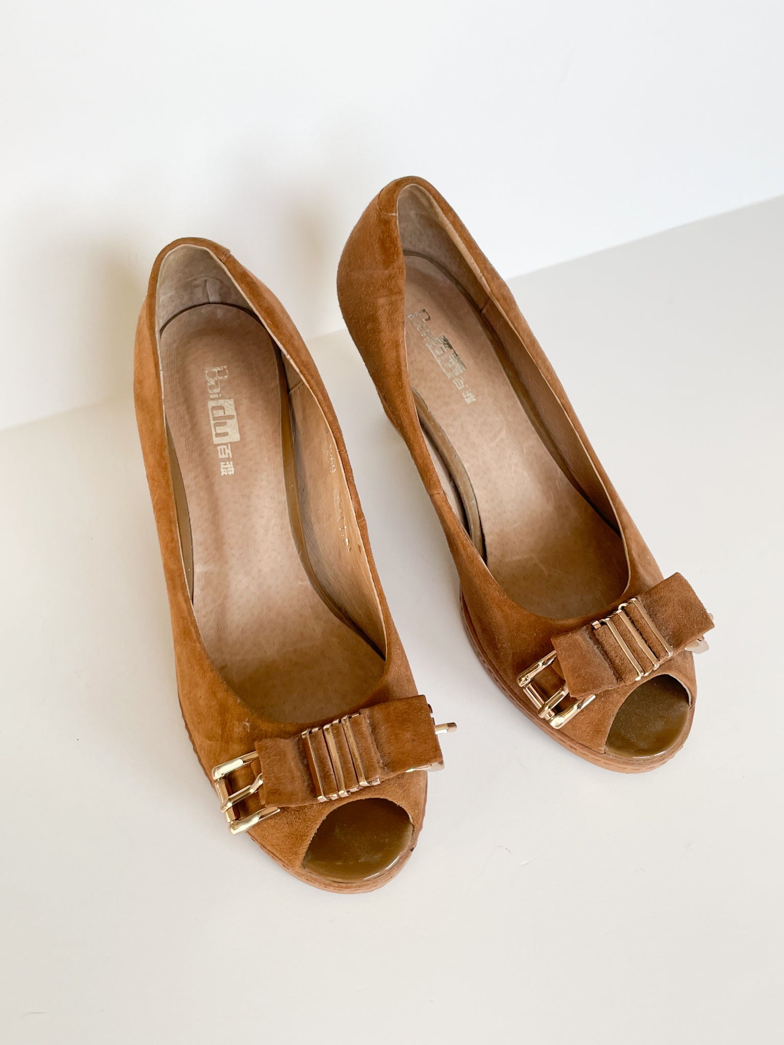 Brown leather clearance peep toe heels