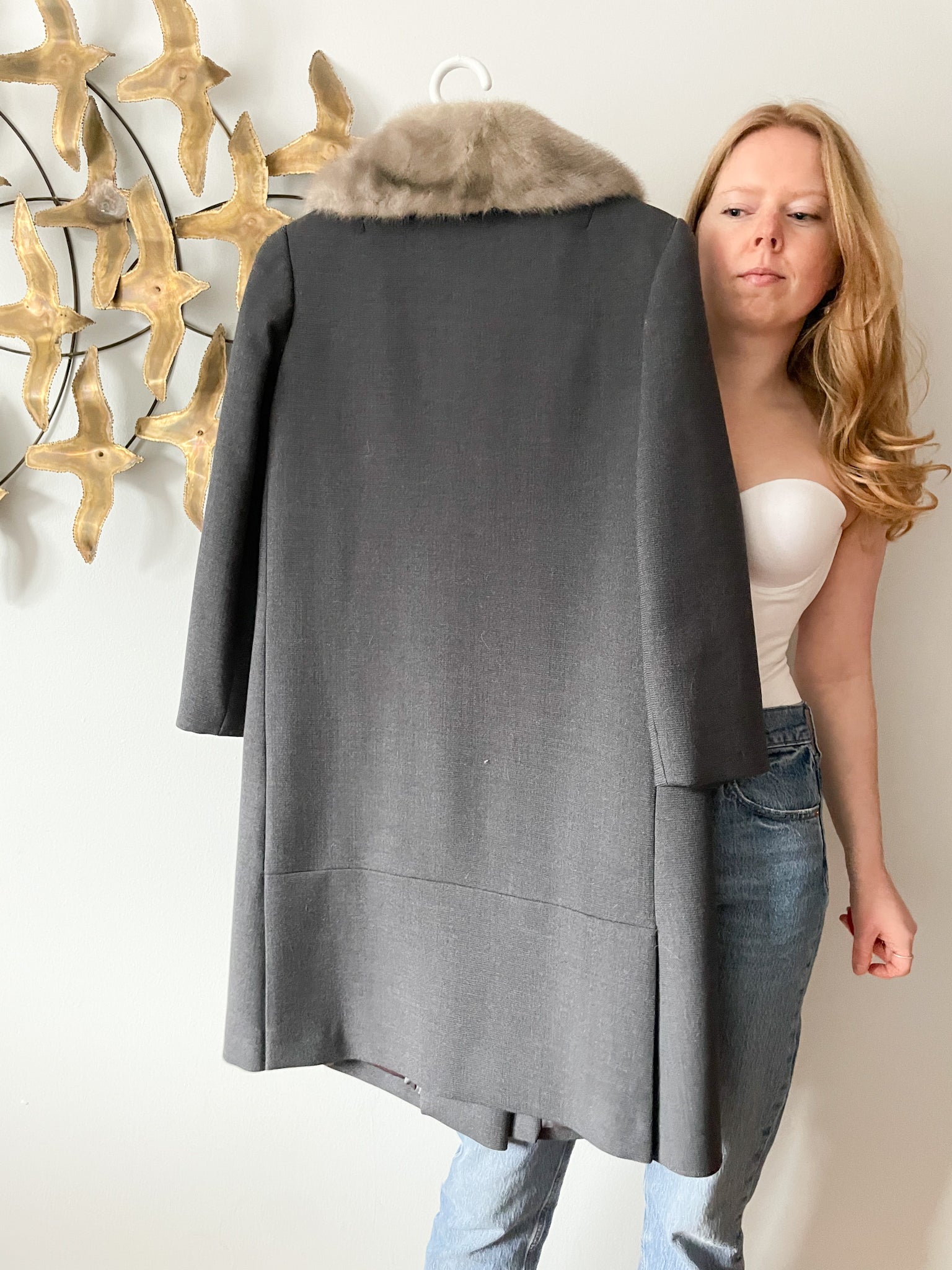 Grey wool coat hot sale with fur hood