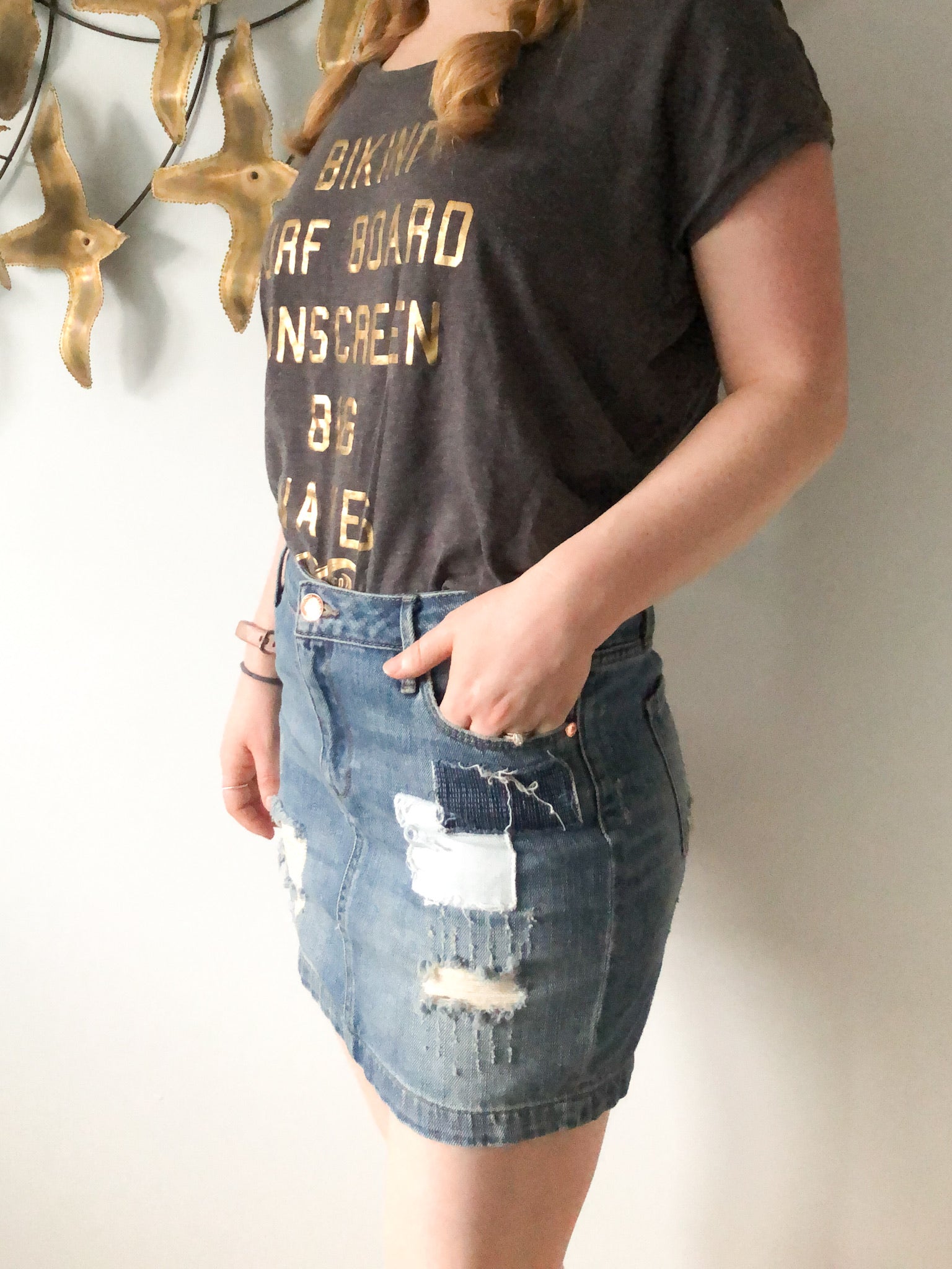 Distressed denim high waisted skirt hotsell