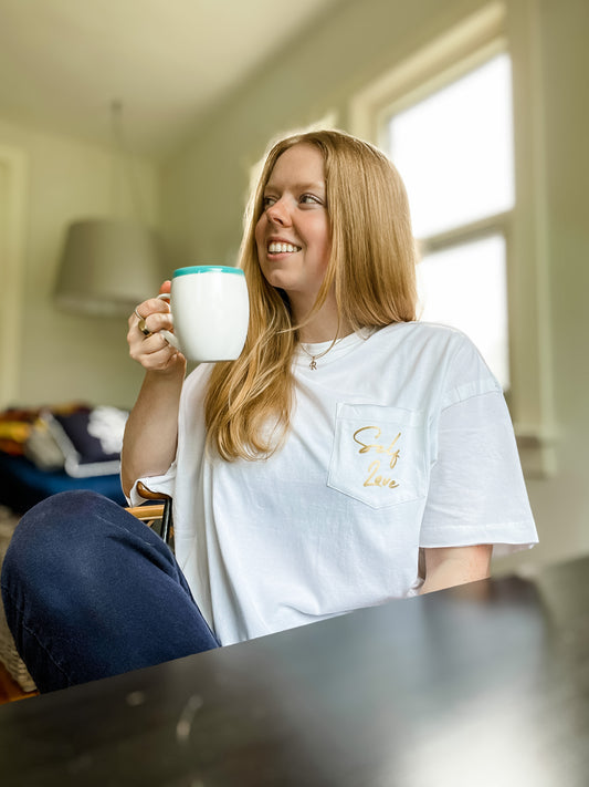 White Gold Self Love Organic Cotton Fair Trade Cropped Pocket Tee